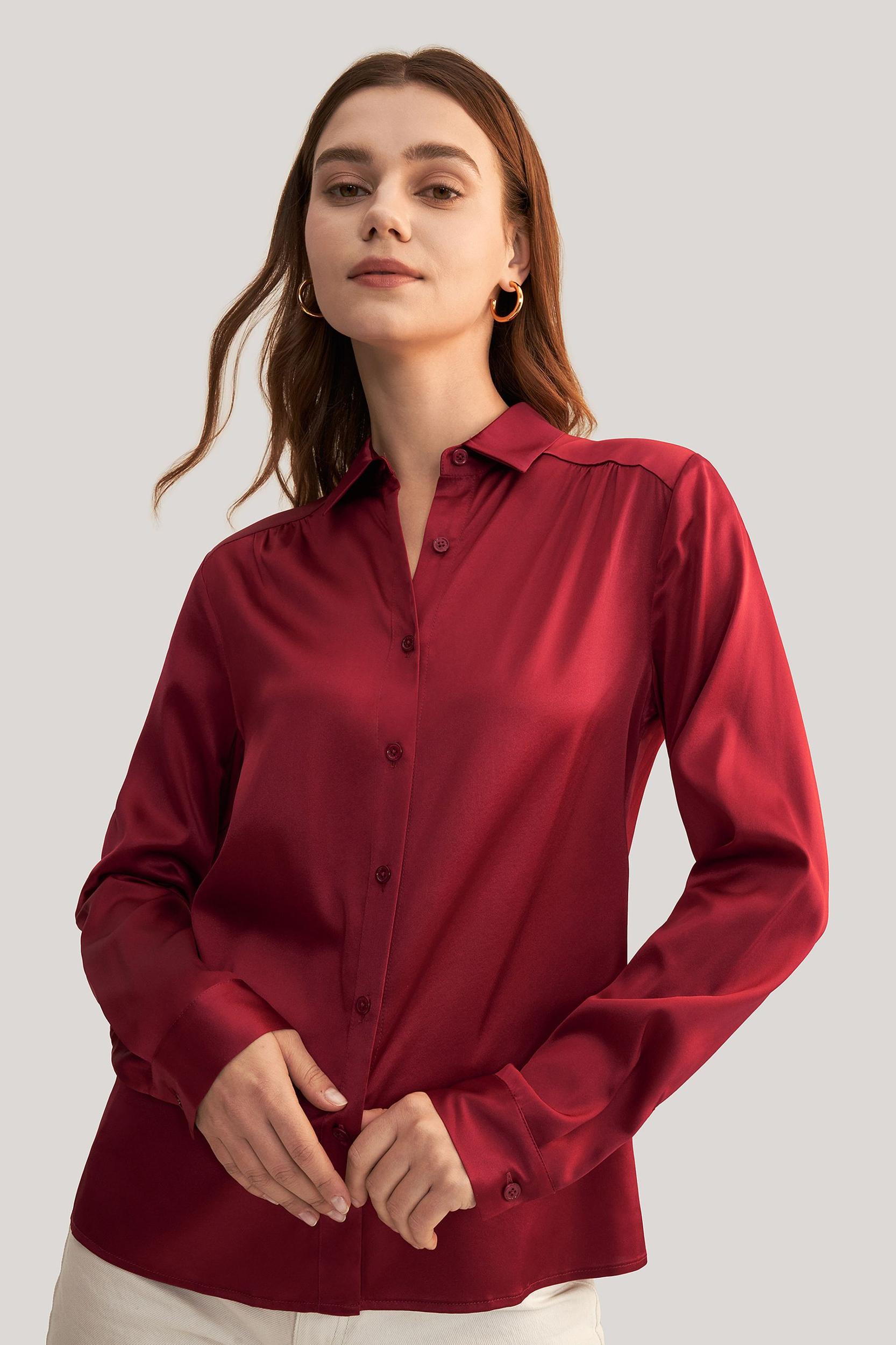 Long Sleeves Collared Silk Blouse Product Image