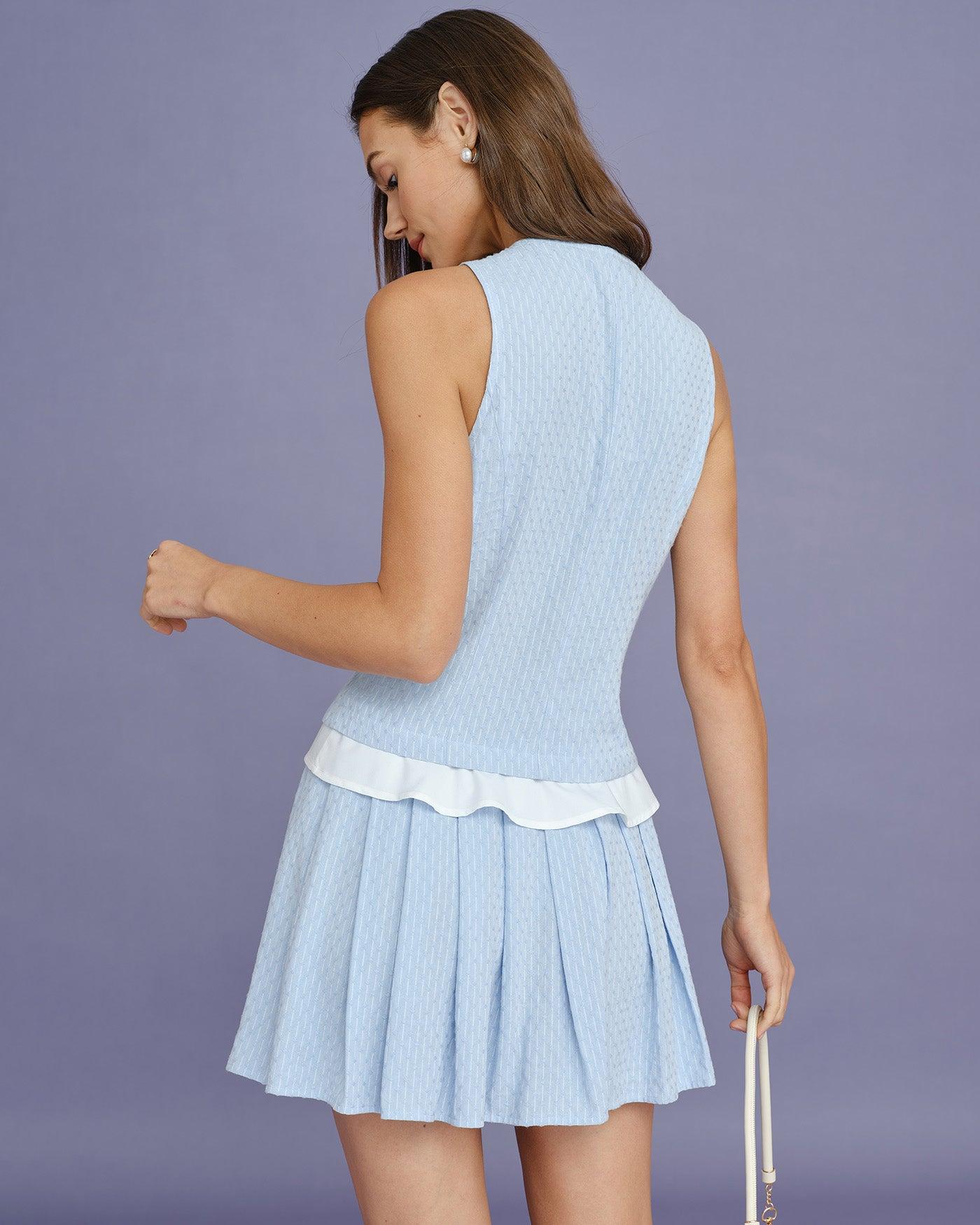 Blue Textured Pleated Mini Skirt Product Image