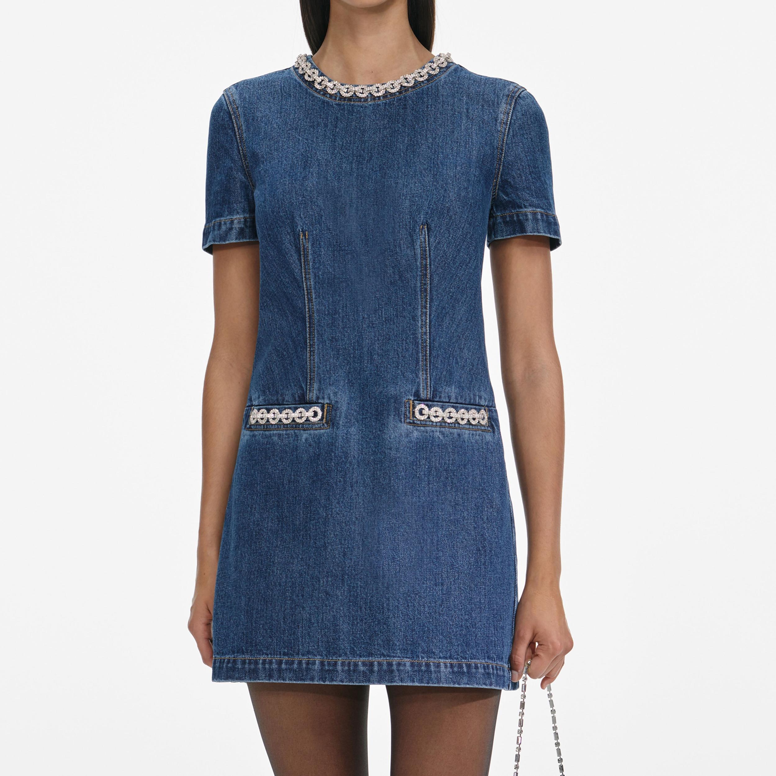Denim Crystal Trim Mini Dress Product Image