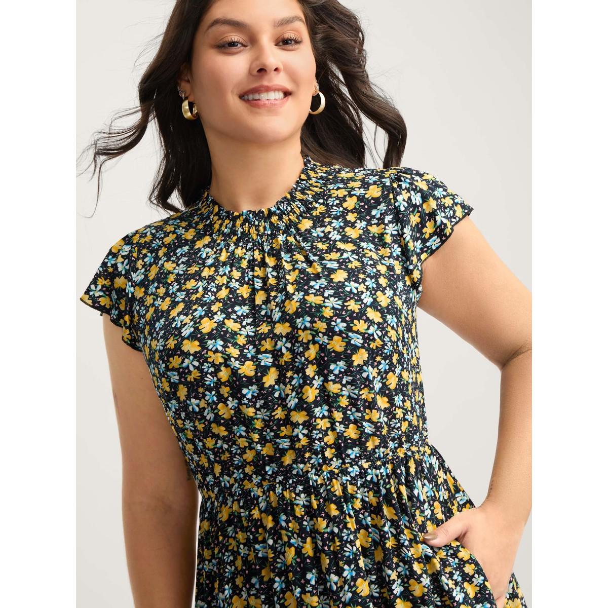 Plus Size Floral Shirred Mock Neck Pockets Midi Dress Black Women Mock Neck Cap Sleeve Curvy BloomChic 30/6X Product Image