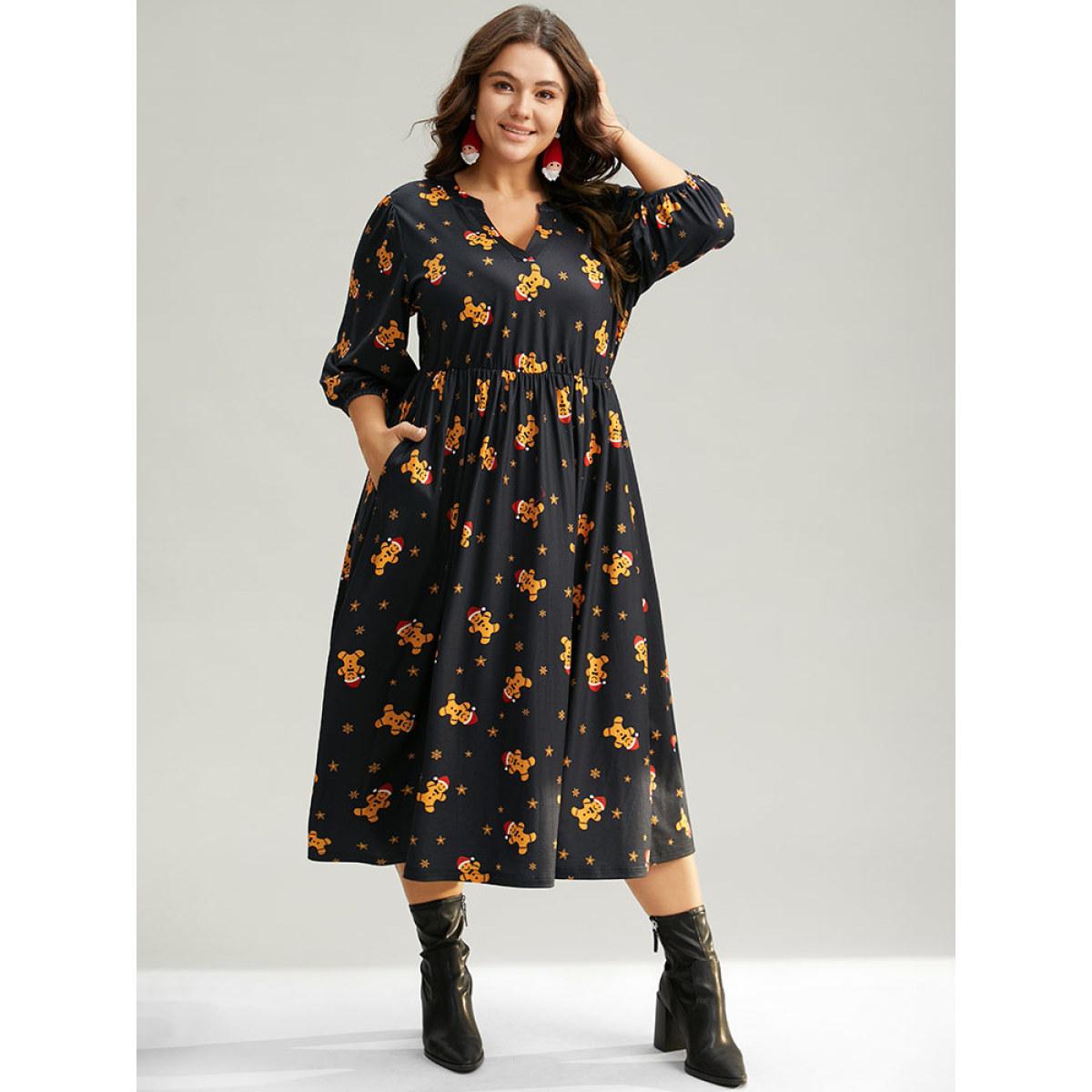 Plus Size Christmas Print Notched Pocket Elastic Waist Dress Multicolor Women Casual Elastic cuffs Notched collar Elbow-length sleeve Curvy Midi Dress BloomChic 28/5X Product Image