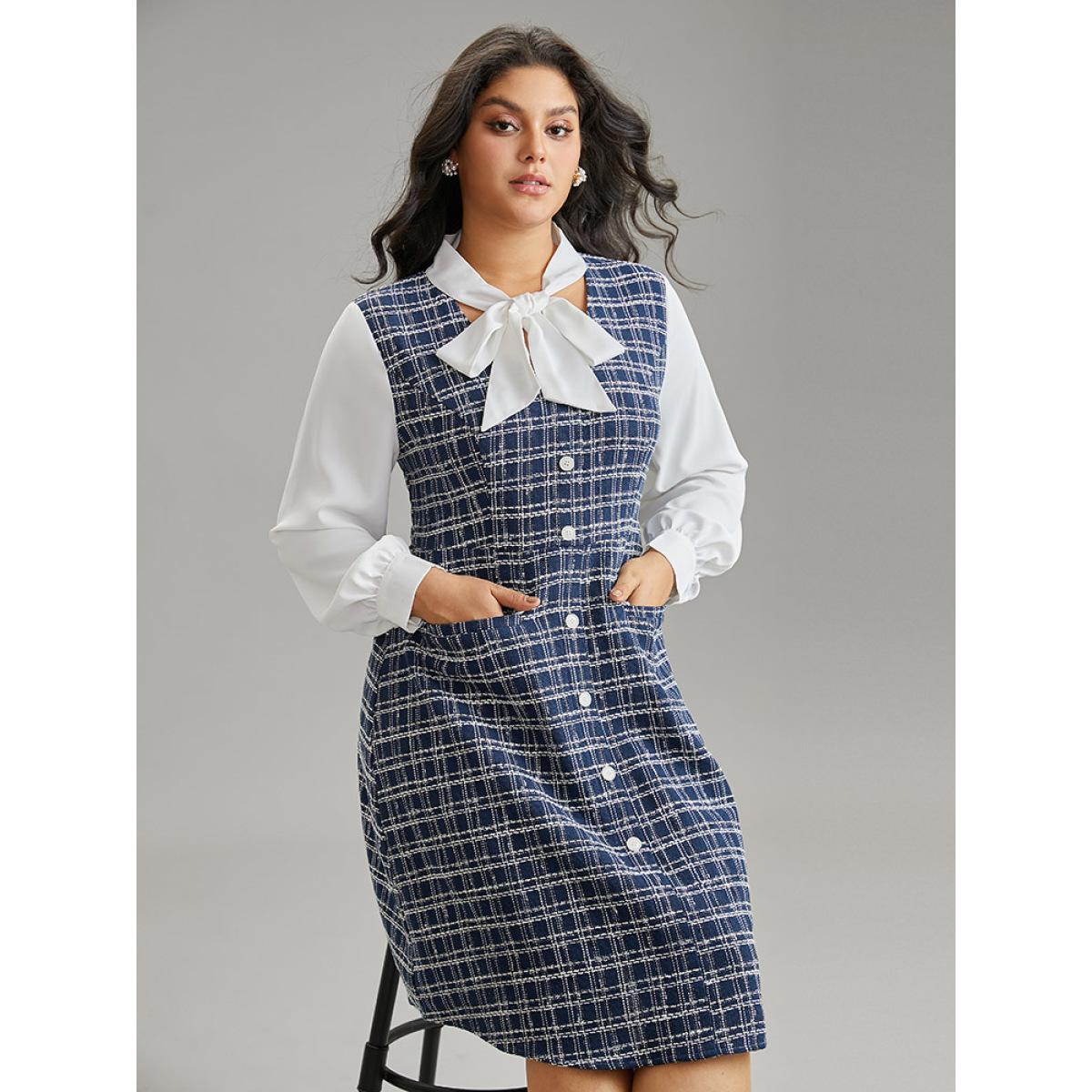 Plus Size Plaid Patchwork Pocket Button Detail Ties Dress DarkBlue Women Elegant Cross straps Tie Neck Long Sleeve Curvy Midi Dress BloomChic 22-24/3X Product Image