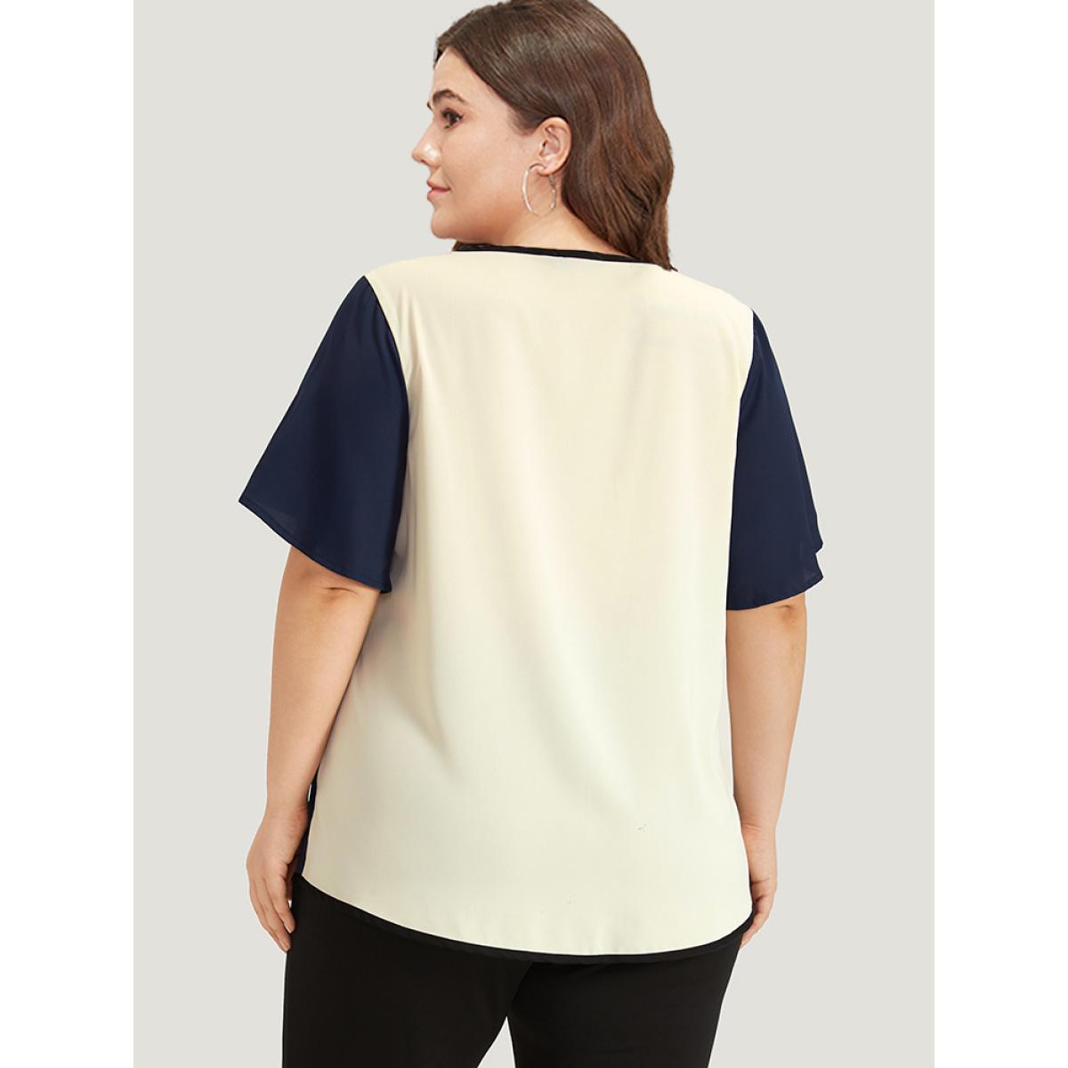 Plus Size Beige Contrast Patchwork V Neck Ruffle Sleeve Blouse Women Office Short sleeve V-neck Work Blouses BloomChic 14-16/1X Product Image