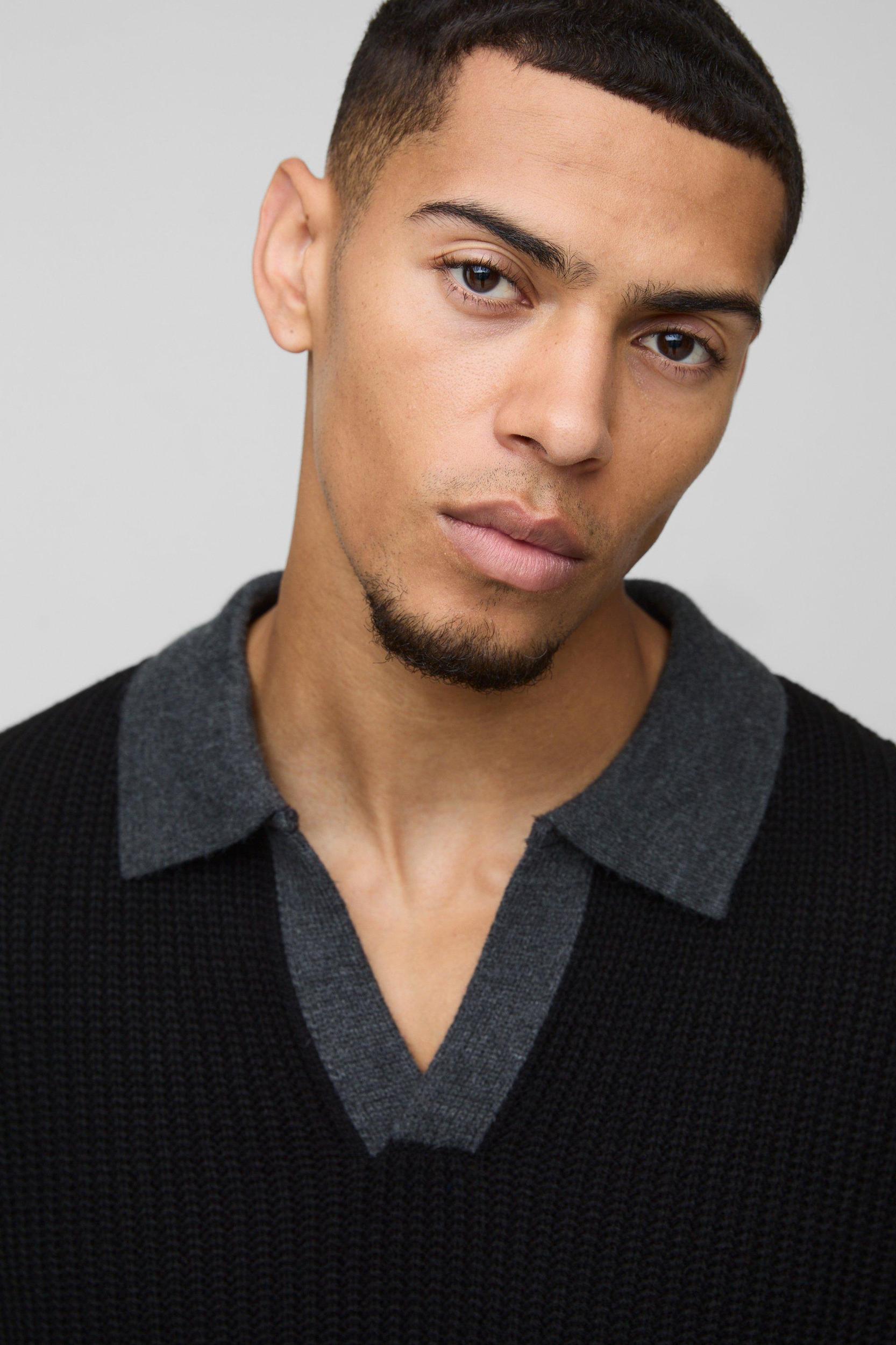 Oversized Boxy Knitted Revere Contrast Polo | boohooMAN USA Product Image