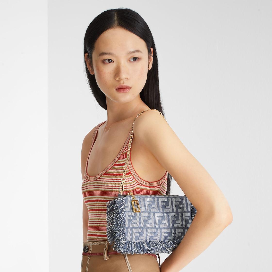 Baguette PouchBlue denim-effect FF jacquard charm pouch with chain Product Image