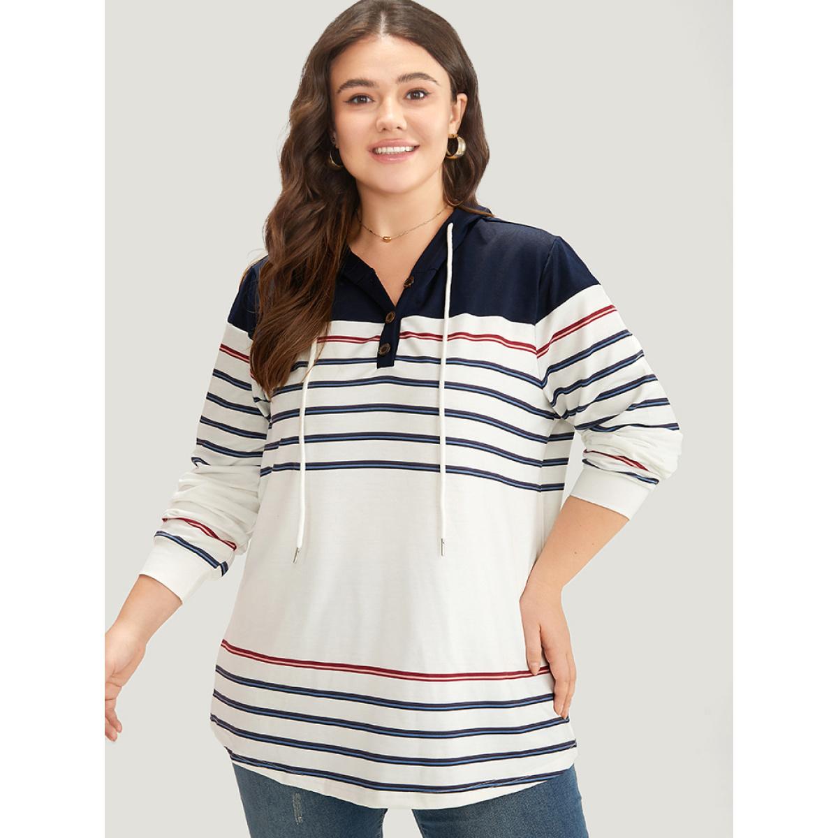 Plus Size Striped Contrast Patchwork Drawstring Button Up Hooded Sweatshirt Women Multicolor Casual Elastic cuffs Hooded Dailywear Sweatshirts BloomChic 10/M Product Image