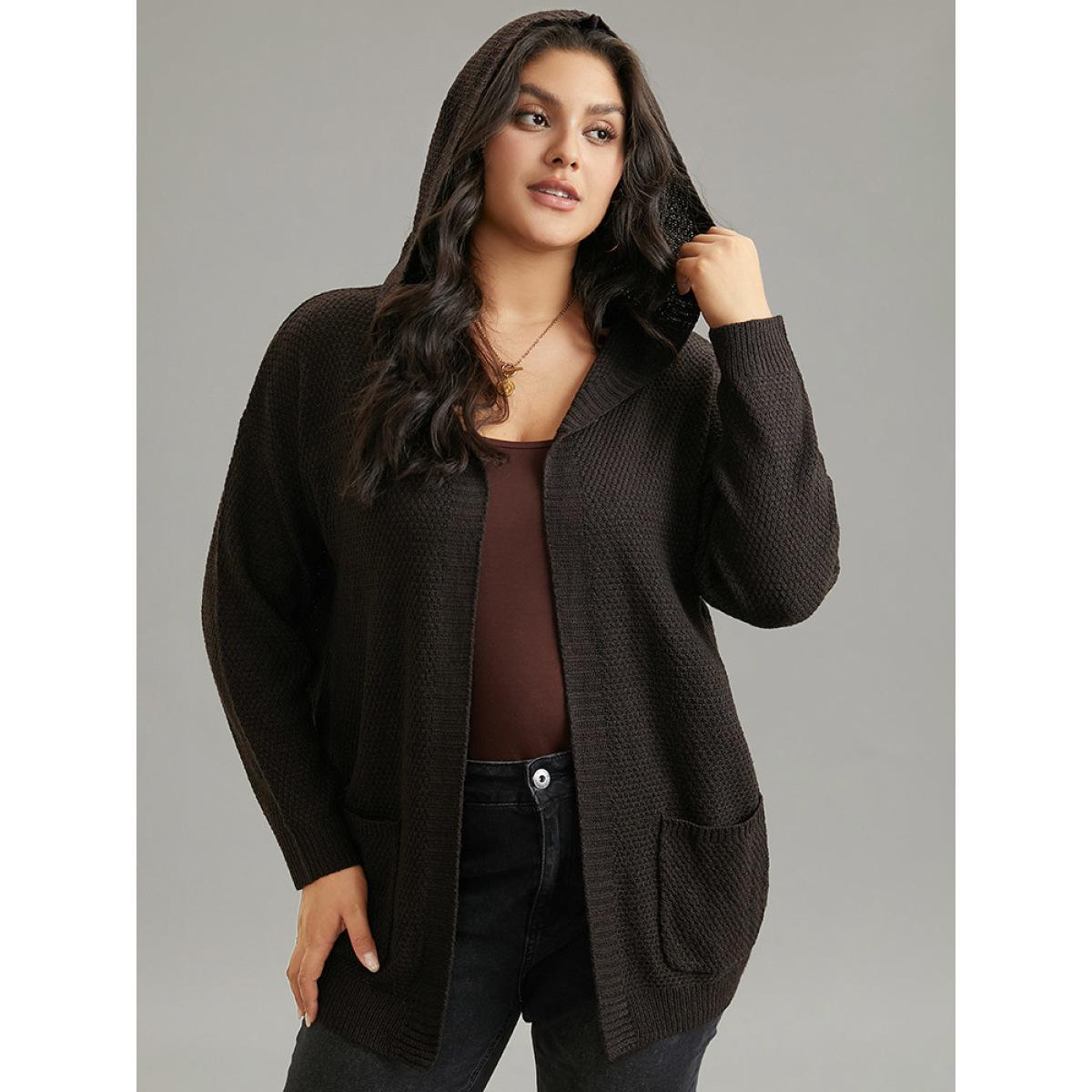 Plus Size Plain Hooded Pocket Open Front Cardigan DarkBrown Women Casual Loose Long Sleeve Dailywear Cardigans BloomChic 26/4X Product Image