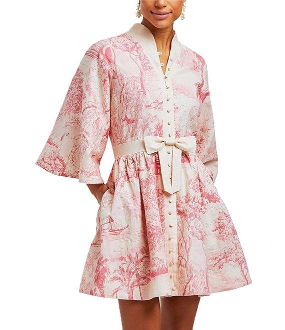 Mestiza New York Carmen Toile Print Button Up Mandarin Collar Butterfly 3/4 Sleeve Bow Tie Waist Mini A-Line Dress Product Image
