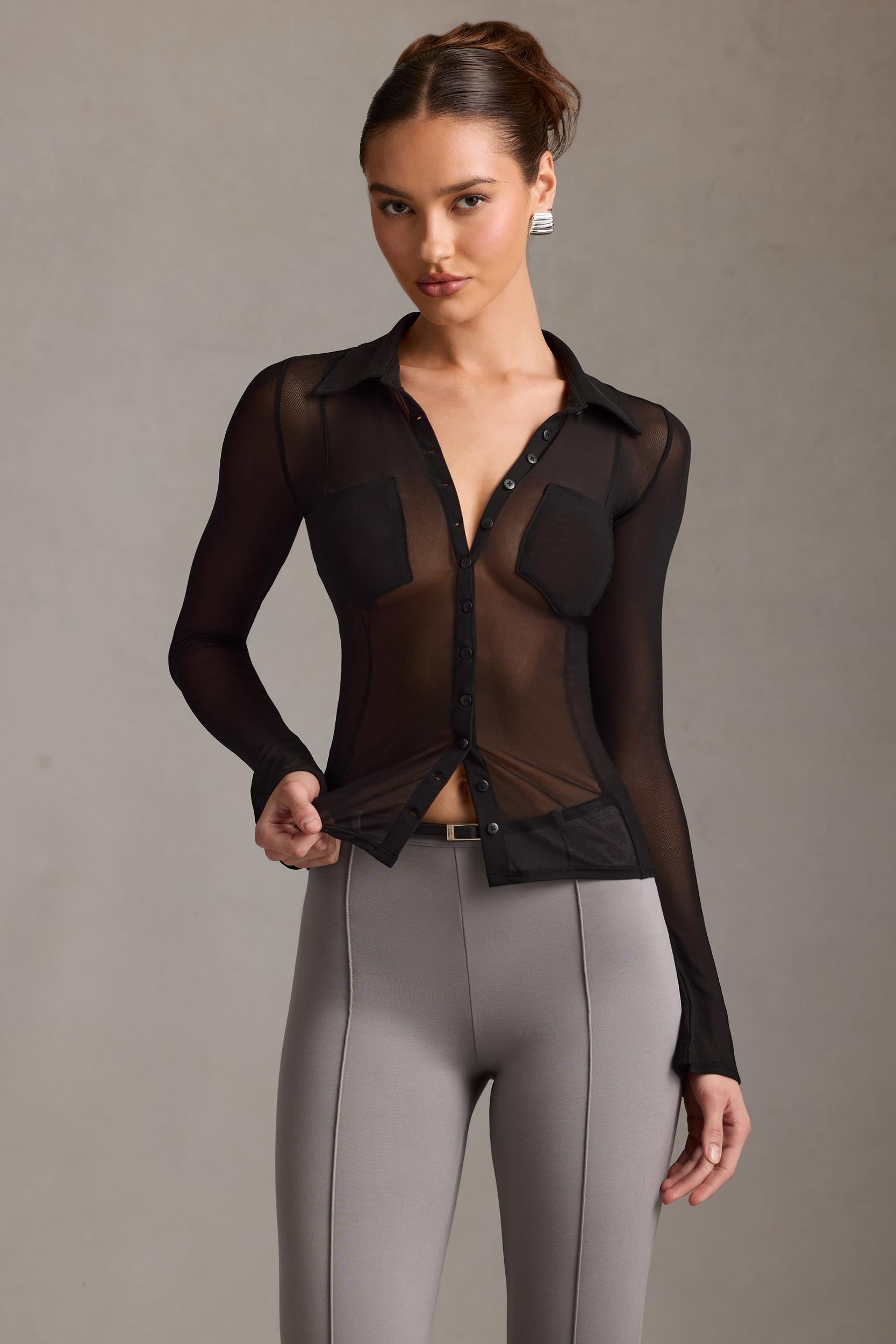 Sheer Long-Sleeve Shirt in Black Product Image