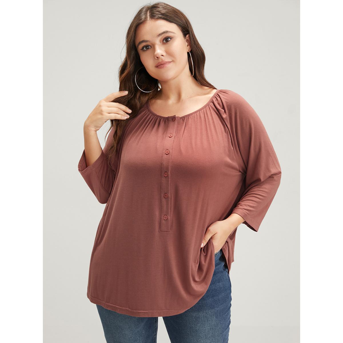 Plus Size Plain Round Neck Button Modal T-shirt Rouge Women Elegant Button Plain Round Neck Loose Dailywear T-shirts BloomChic 10/M Product Image
