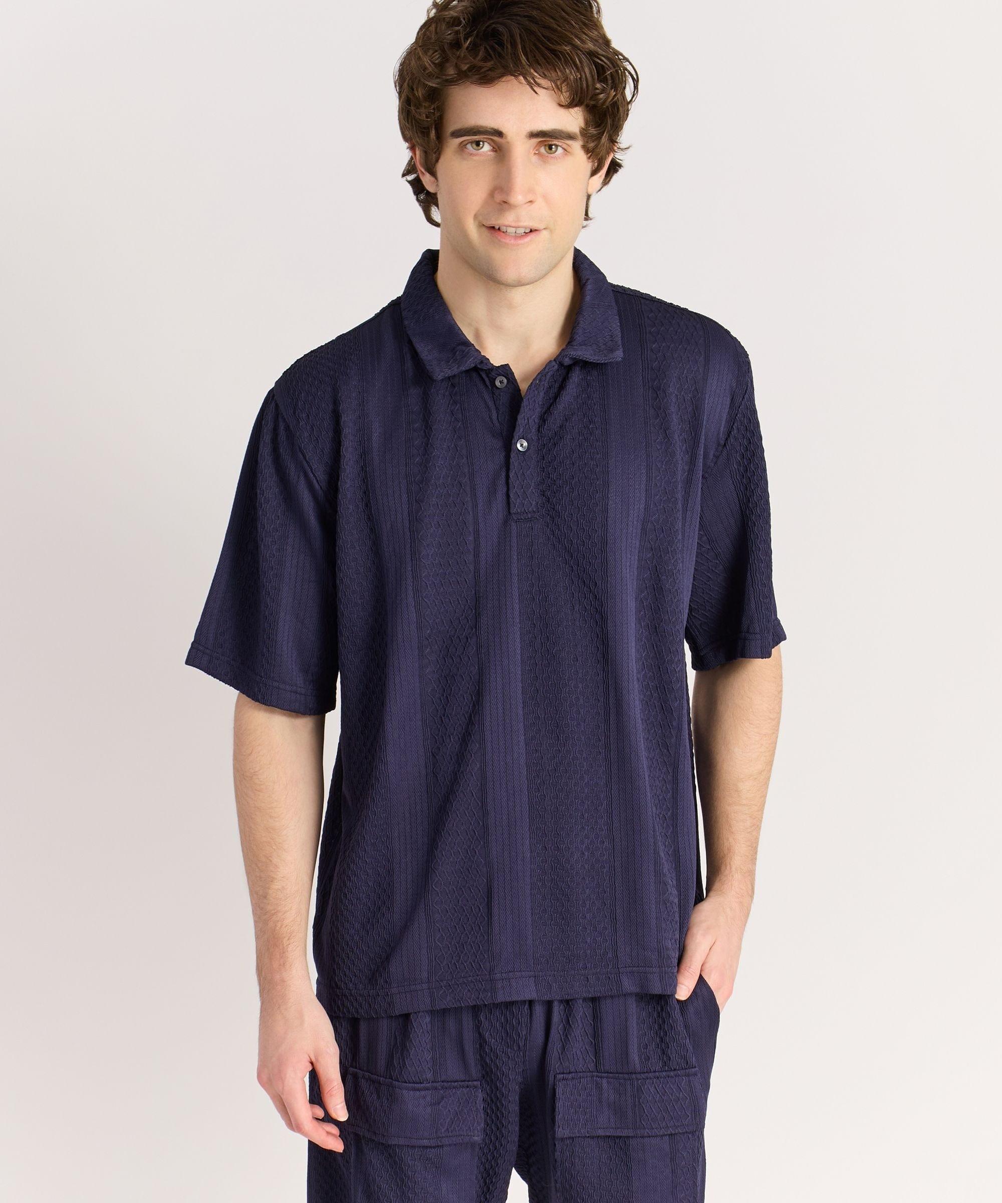 Jacquard Knit Textured Polo Shirt - Navy Product Image