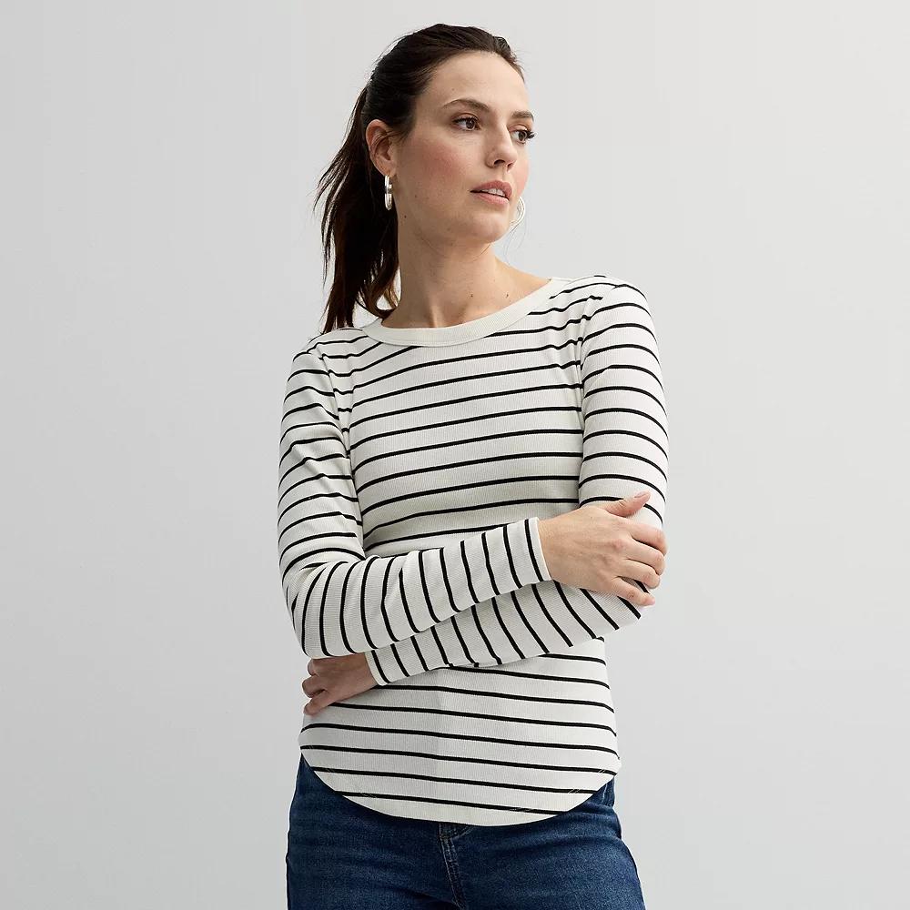 Women's Sonoma Goods For Life® Rib Slim Fit Long Sleeve Tee, Size: XL, Frost Black Stripe Product Image