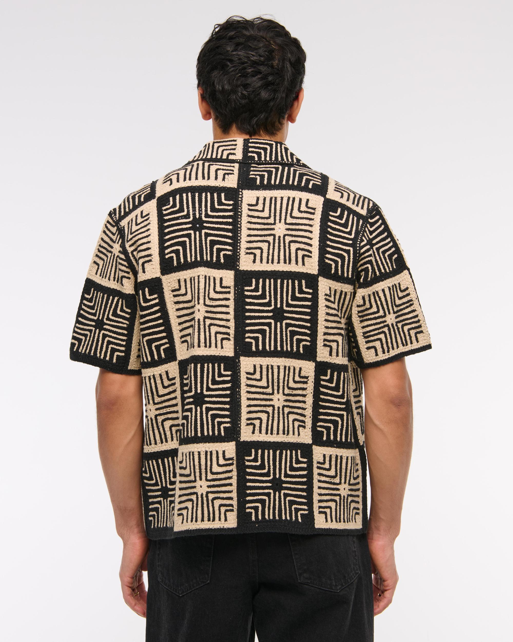 Crochet-Style Border Stripe Button-Through Sweater Polo Product Image