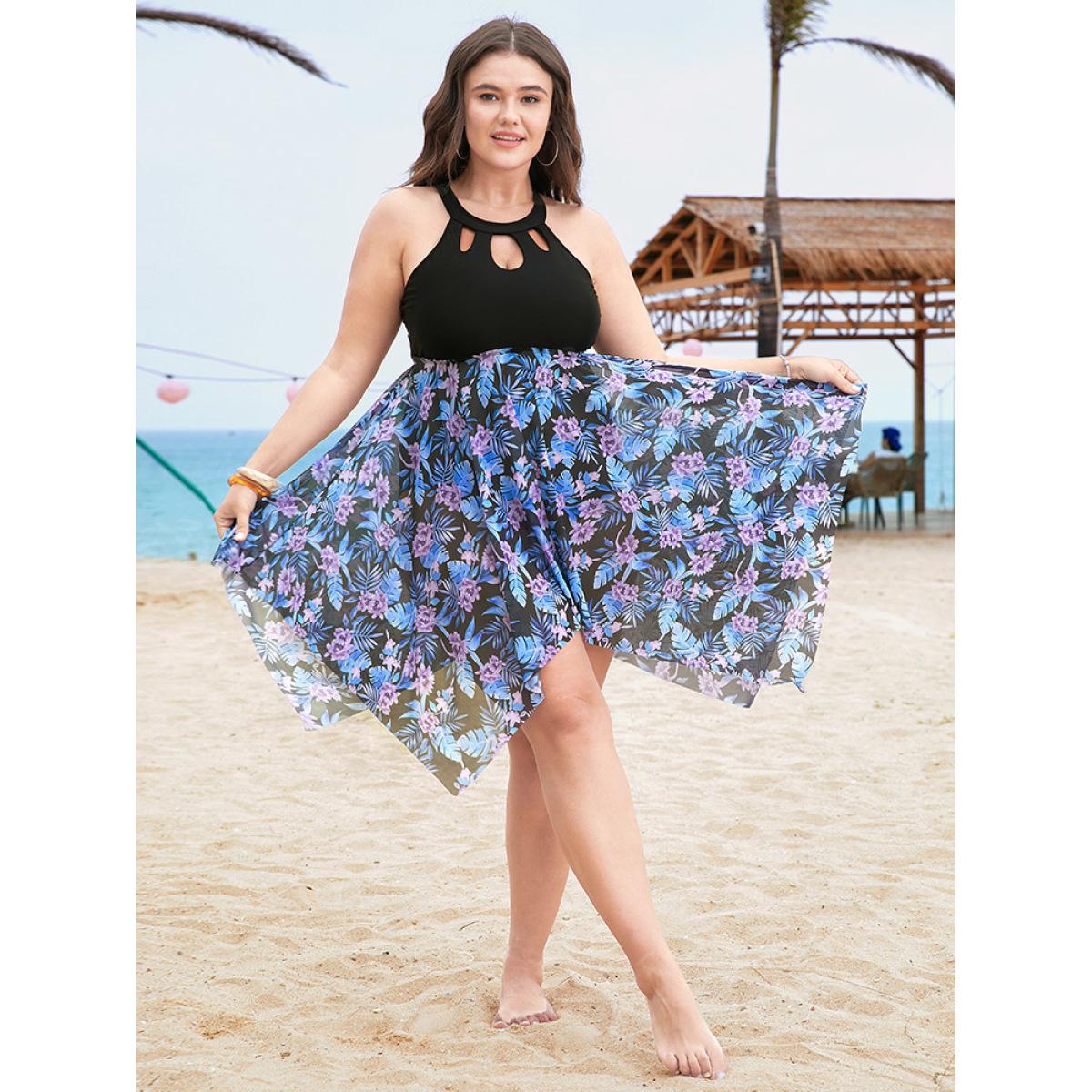 Plus Size Floral Cut Out Halter Neck Hanky Hem Swim Dress Women's Swimwear BlackFlower Vacation Bodycon Halter neck High stretch Curve Swim Dresses BloomChic 26/4X Product Image