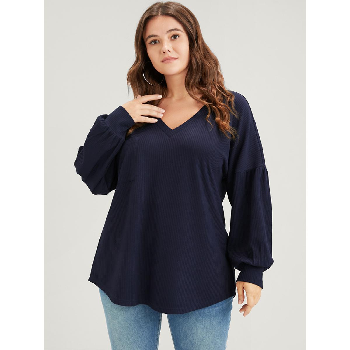 Plus Size Solid Drop Shoulder Pocket Arc Hem Rib Knit Sweatshirt Women Navy Elegant Plain V-neck Dailywear Sweatshirts BloomChic 22-24/3X Product Image