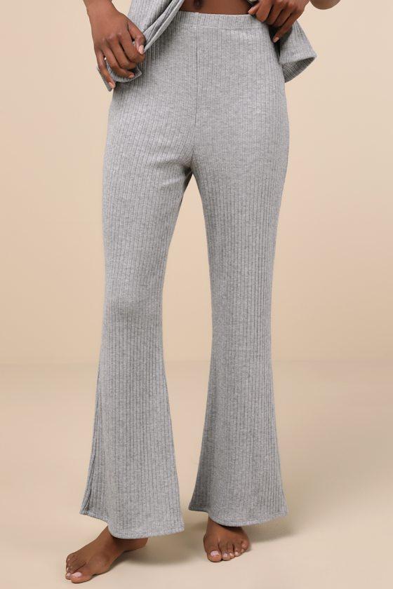 Raney Heather Grey Ribbed Knit Flare Lounge Pants Product Image