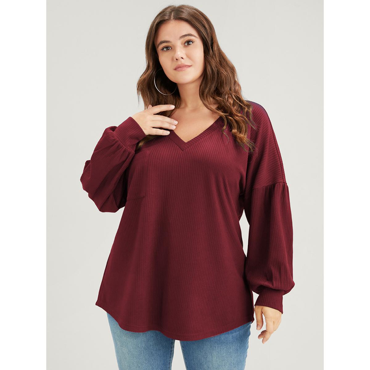 Plus Size Solid Drop Shoulder Pocket Arc Hem Rib Knit Sweatshirt Women Burgundy Elegant Plain V-neck Dailywear Sweatshirts BloomChic 26/4X Product Image