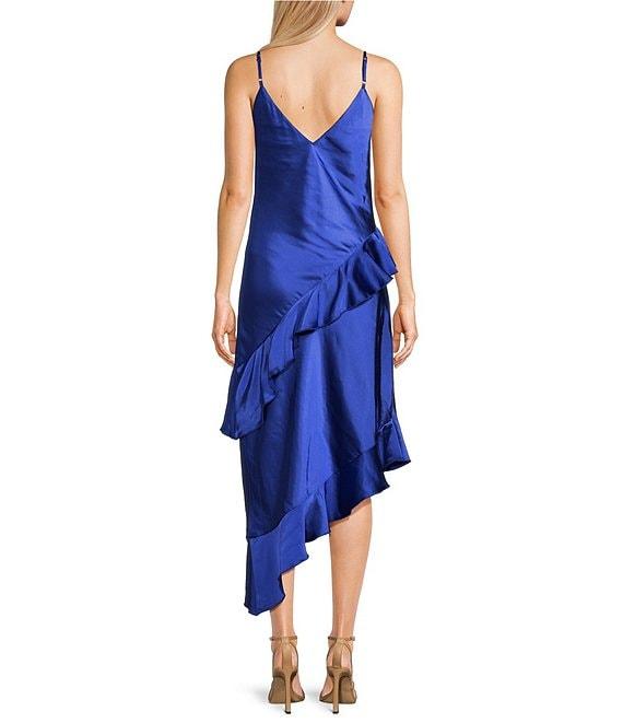GB Cascading Satin Asymmetrical Ruffle Midi Dress Product Image