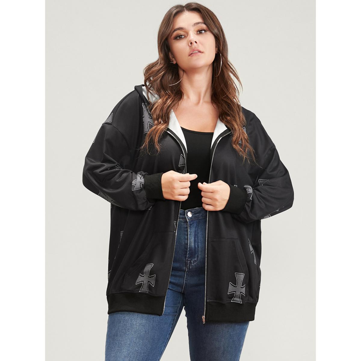 Plus Size Halloween Pocket Zipper Hooded Sweatshirt Women Black Casual Zipper Hooded Dailywear Sweatshirts BloomChic 28/5X Product Image