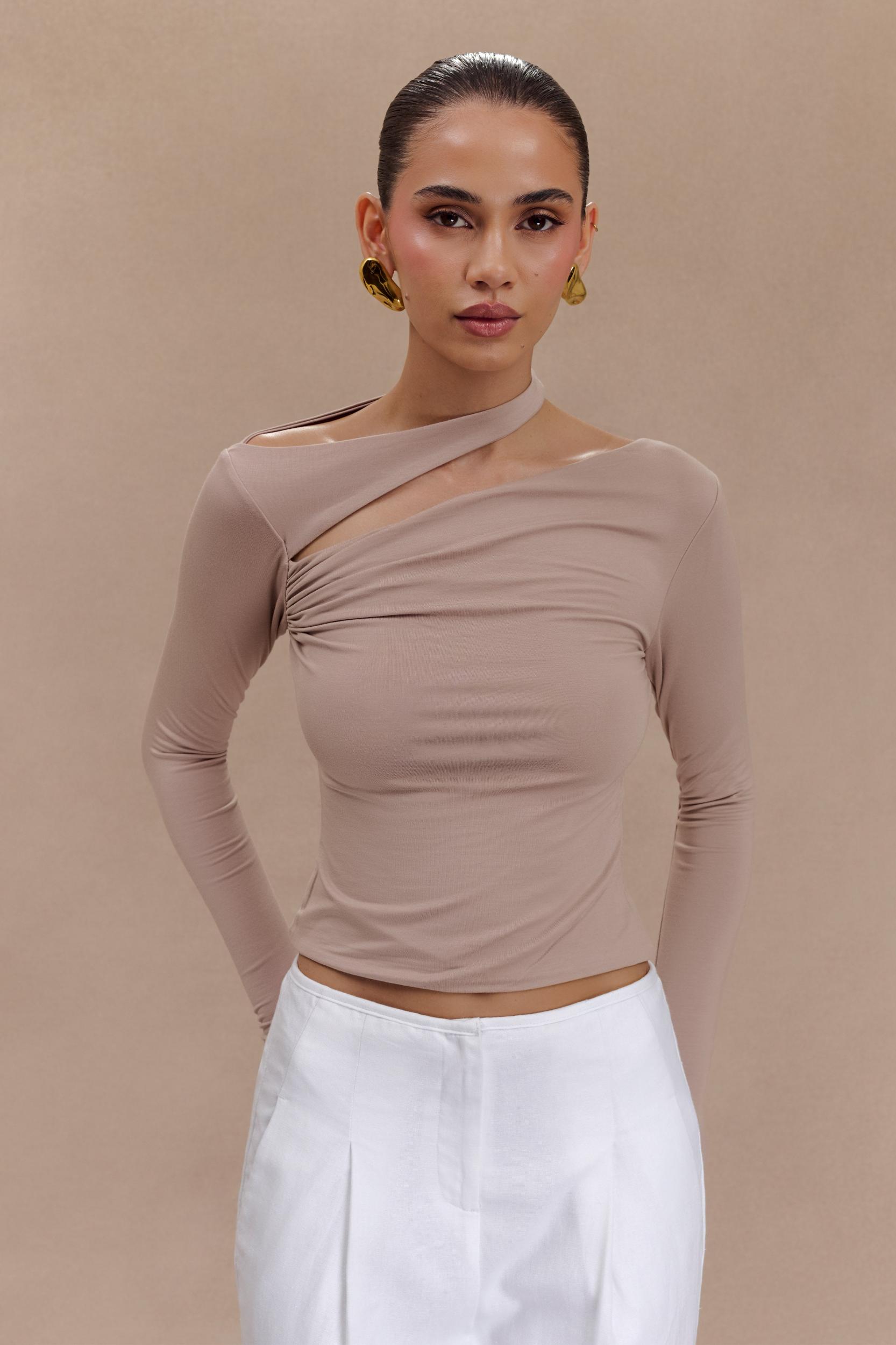 Sasha Modal Long Sleeve Top With Cut Out - Mushroom Product Image