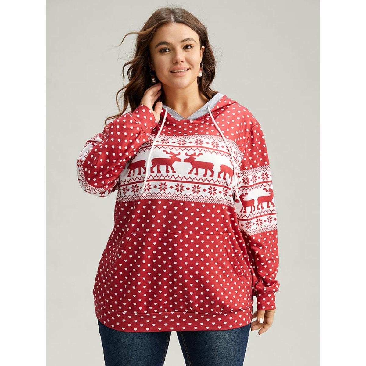 Plus Size Christmas Elk Contrast Kangaroo Pocket Hooded Sweatshirt Women Red Casual Printed Hooded Festival-Halloween Sweatshirts BloomChic 10/M Product Image
