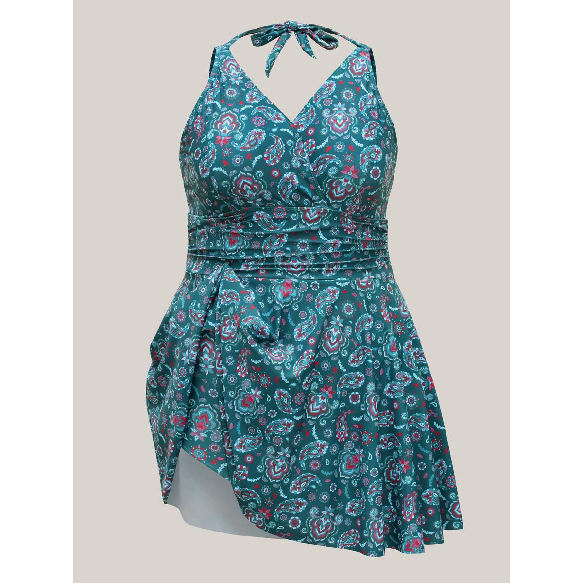 Plus Size Paisley Print Anti Float Tie One-Piece Swimsuit Women's Swimwear Teal Beach Bodycon Overlap Collar High stretch Curve Swim Dresses BloomChic 28/5X Product Image