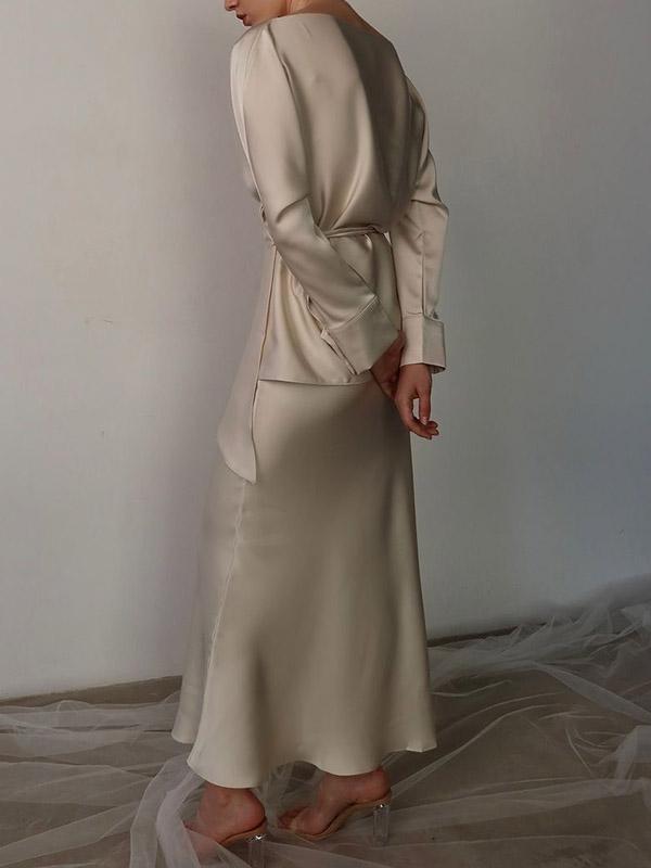 Loose Solid Color Split-Joint Boat Neck Long Sleeves Blouse & Shirt + Skirt Two Pieces Set Product Image