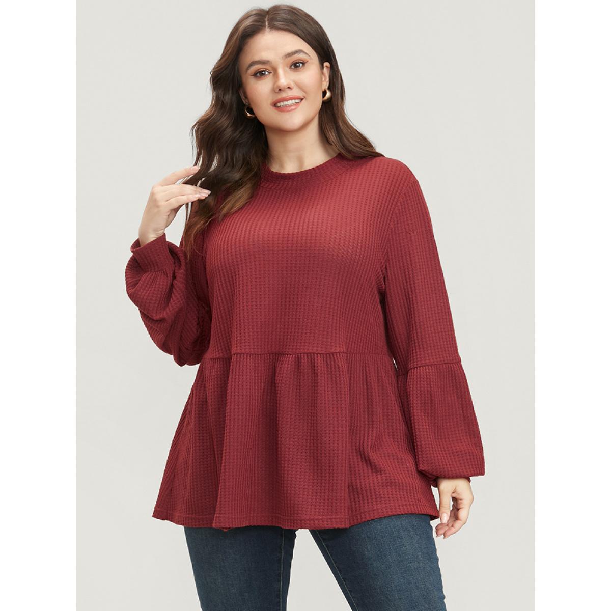 Plus Size Russet Solid Lantern Sleeve Ruffle Hem Textured Blouse Women Elegant Long Sleeve Round Neck Dailywear Blouses BloomChic 22-24/3X Product Image