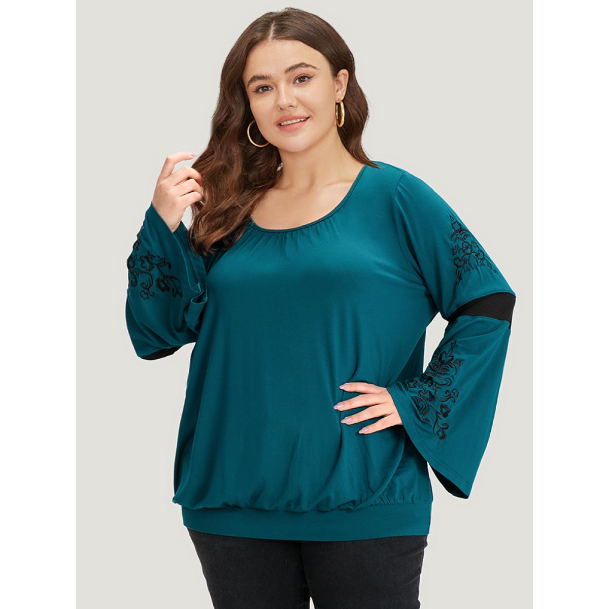 Plus Size Supersoft Essentials Floral Embroidered Patchwork Bell Sleeve T-shirt Aegean Women Casual Patchwork Silhouette Floral Print Round Neck Dailywear T-shirts BloomChic 28/5X Product Image