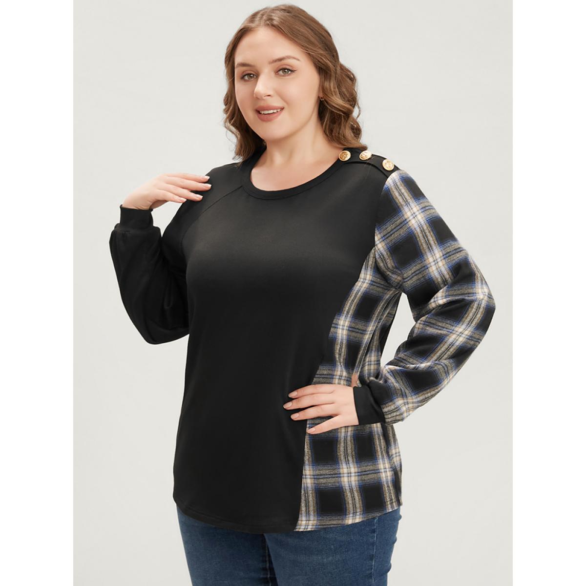 Plus Size Tartan Patchwork Button Detail Round Neck Sweatshirt Women Black Casual Contrast Round Neck Dailywear Sweatshirts BloomChic 30/6X Product Image