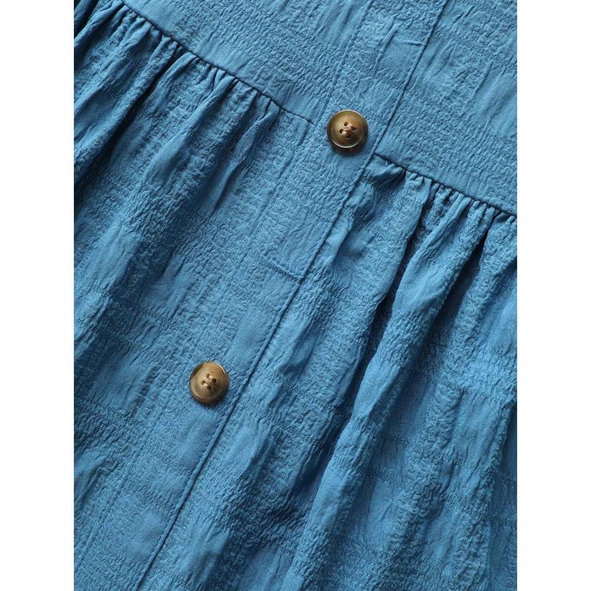 Plus Size Textured Button Detail Ruffle Layered Hem Dress Mediumblue Women Elegant Woven ribbon&lace trim Square Neck Sleeveless Curvy BloomChic 28/5X Product Image