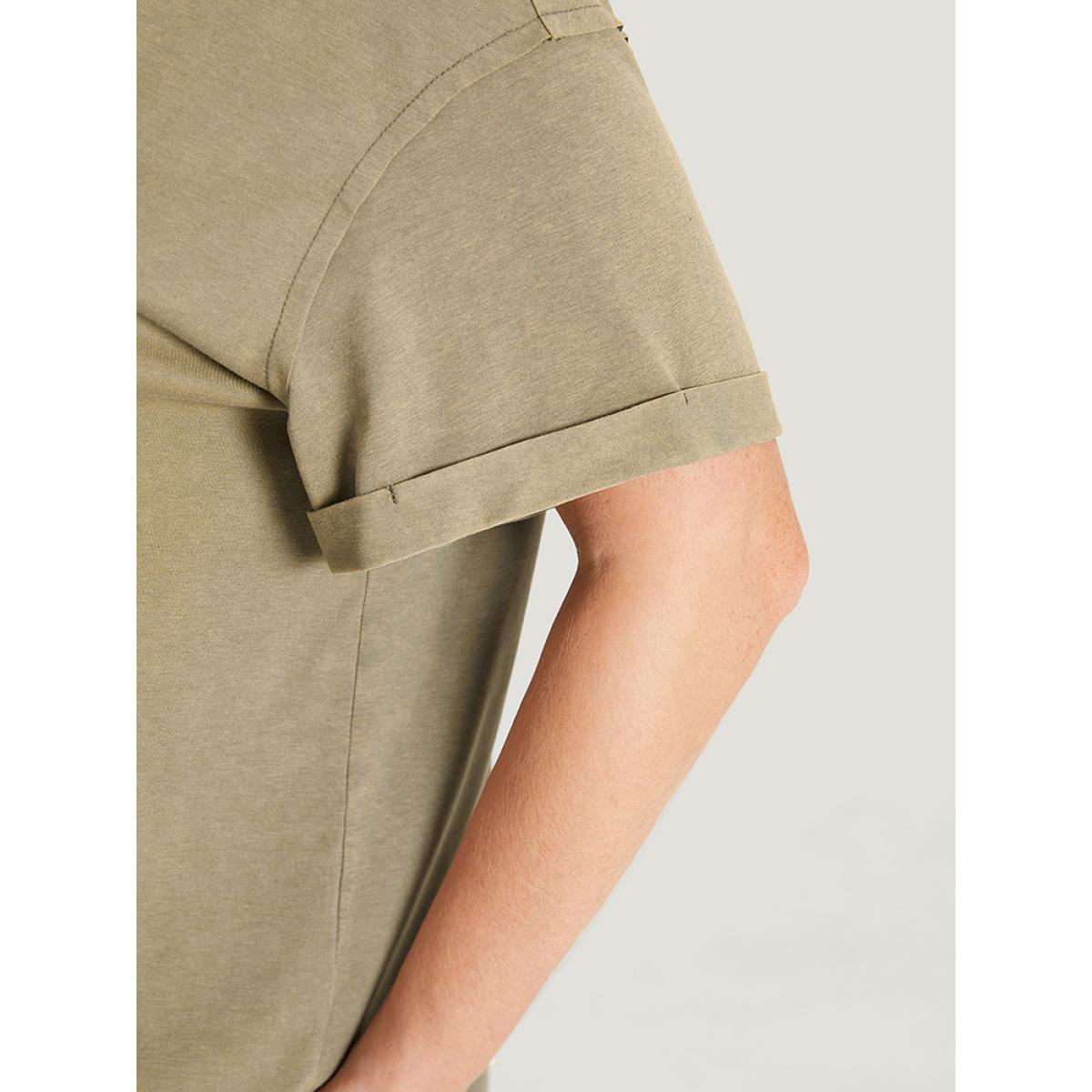 Plus Size Solid Vintage Roll Sleeve Pocket Split Hem T-shirt Sage Women Casual Slit Plain V-neck Dailywear T-shirts BloomChic 10/M Product Image