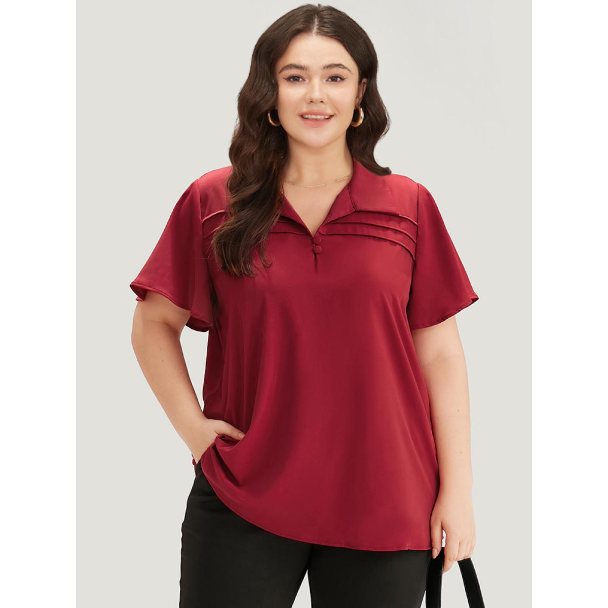 Plus Size Scarlet Plain Shirt Collar Button Detail Pleated Blouse Women Office Short sleeve Shirt collar Office Blouses BloomChic 14-16/1X Product Image