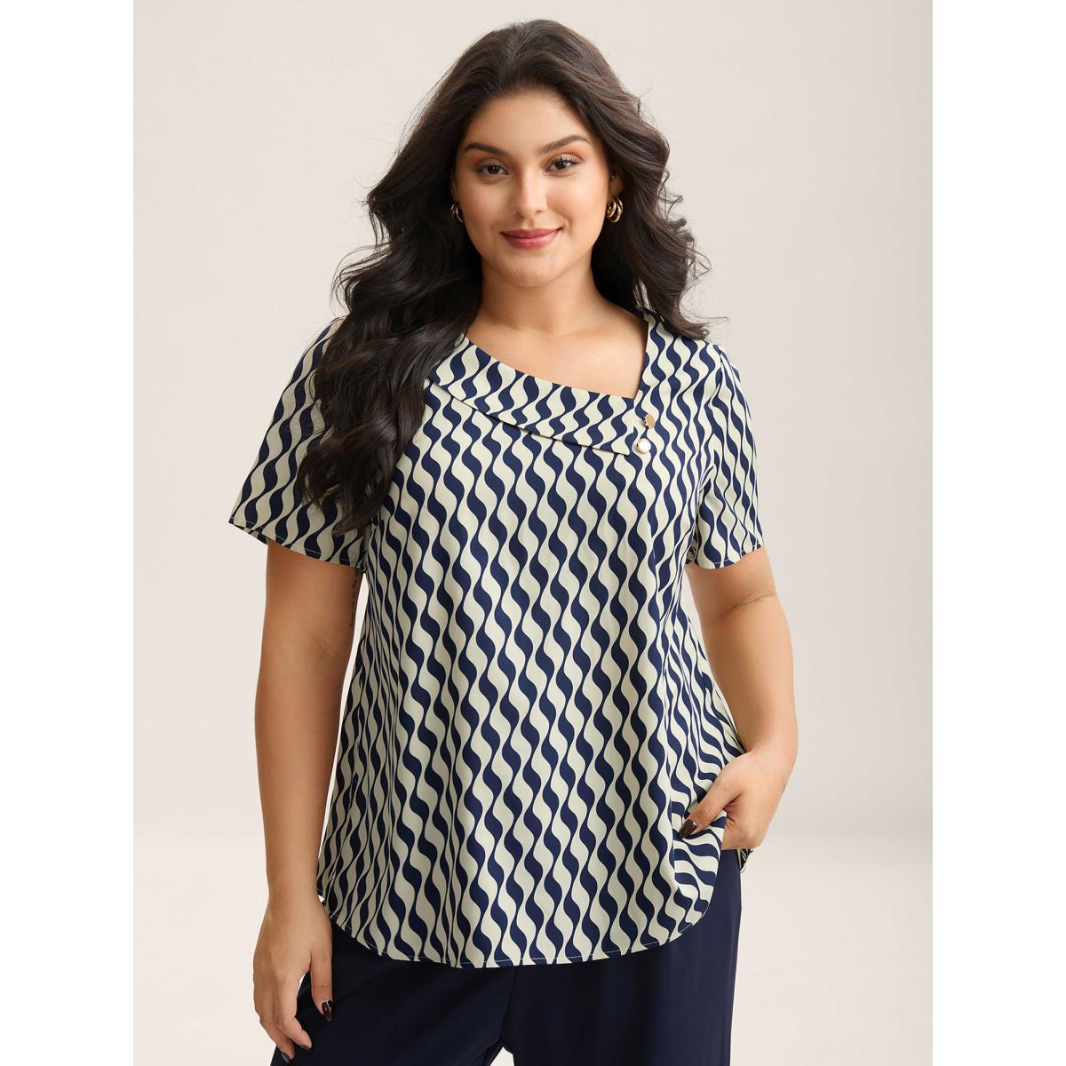 Plus Size Indigo Wavy Print Asymmetrical Neckline Blouse Women Short sleeve Asymmetrical Neck Work Blouses BloomChic 14-16/1X Product Image