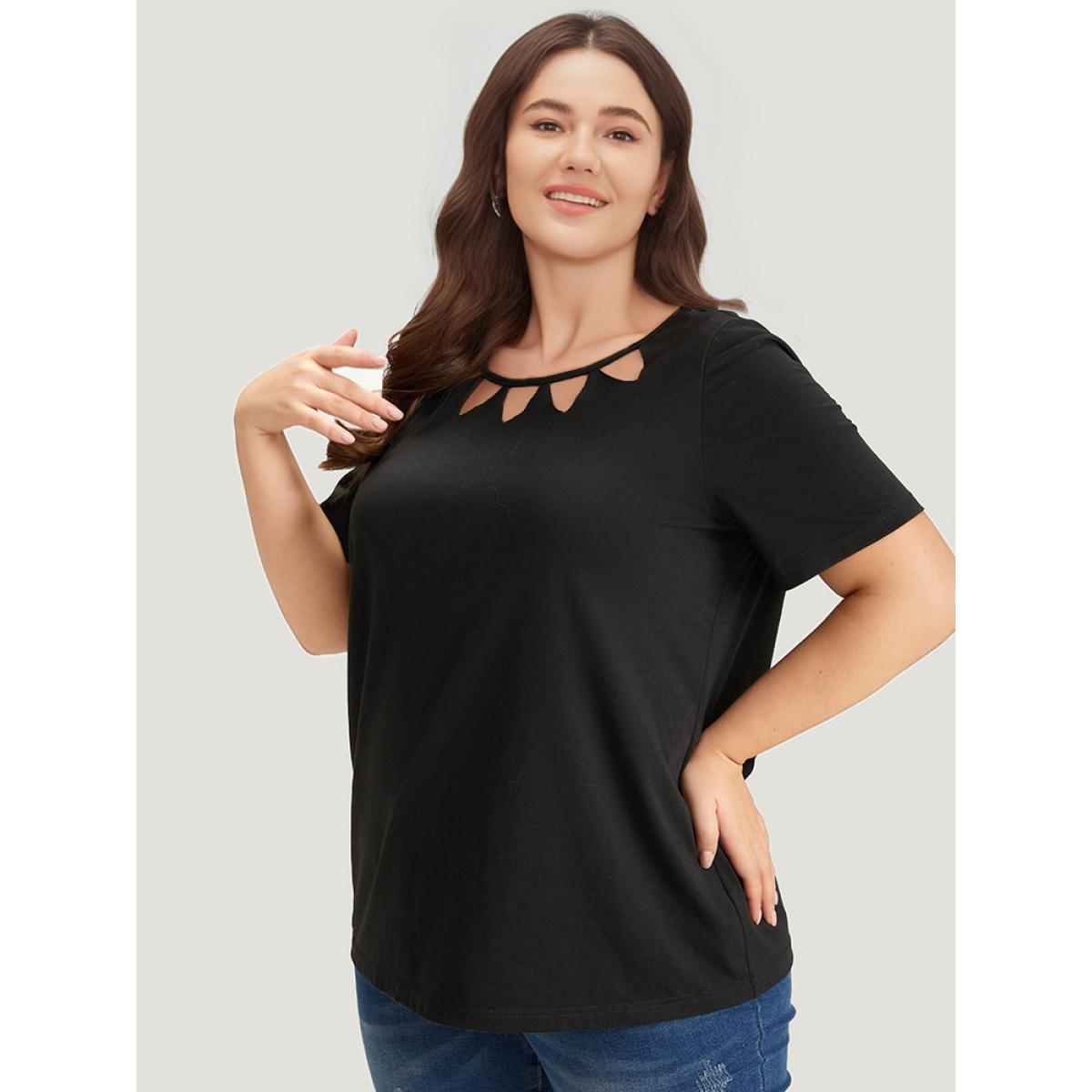 Plus Size Supersoft Essentials Solid Crew Neck Cut Out T-shirt Black Women Casual Cut-Out Plain Round Neck Dailywear T-shirts BloomChic 26/4X Product Image
