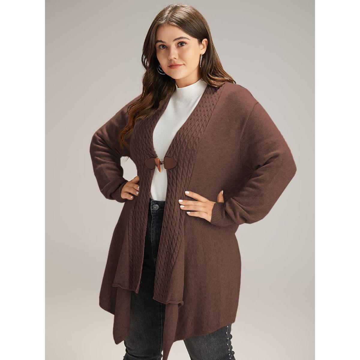 Plus Size Supersoft Essentials Textured Asymmetrical Duffle Button Cardigan DarkBrown Women Casual Loose Long Sleeve Dailywear Cardigans BloomChic 18-20/2X Product Image