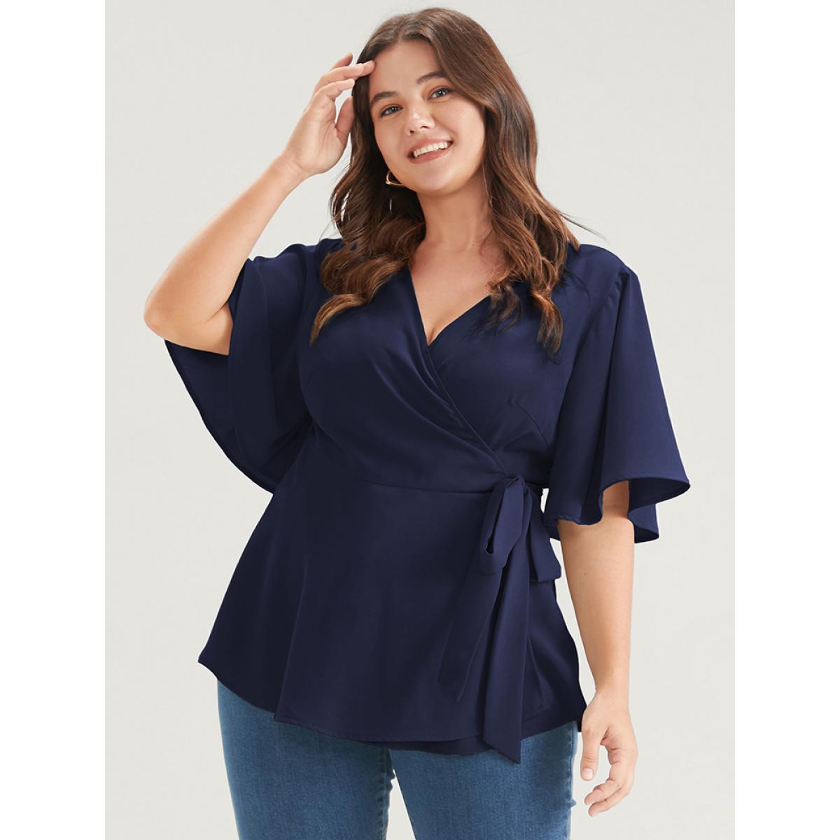 Plus Size Indigo Plain Ruffles Button Belted Wrap Babydoll Blouse Women Elegant Short sleeve V-neck Dailywear Blouses BloomChic 28/5X Product Image