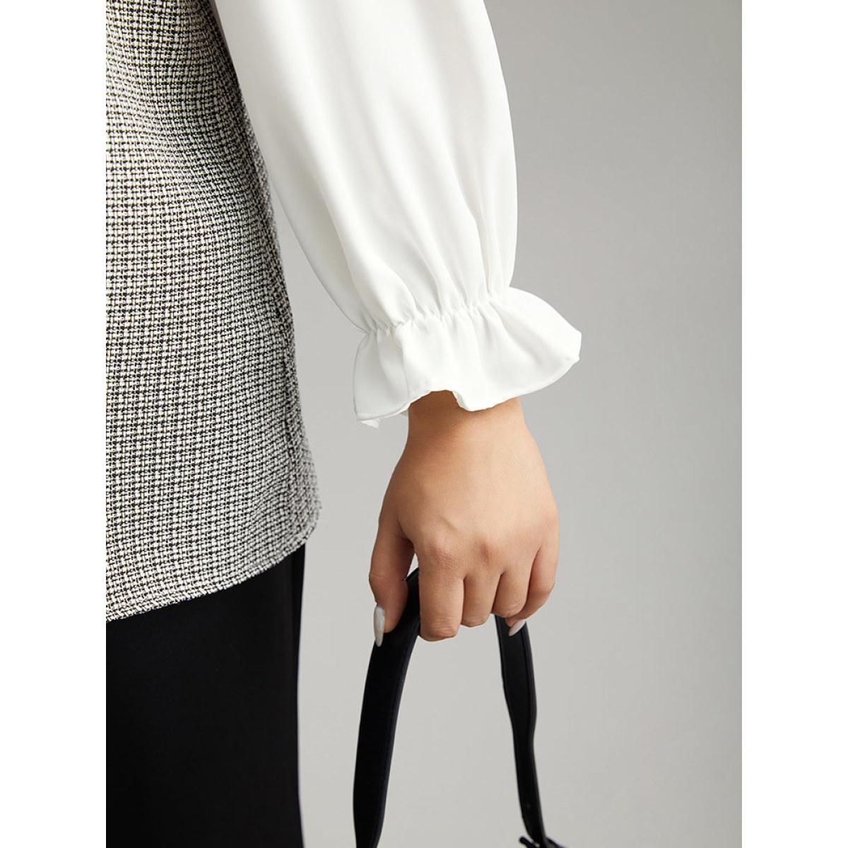 Plus Size White Gingham Ruffles Patchwork Frill Trim Blouse Women Office Long Sleeve Stand-up collar Office Blouses BloomChic 12/L Product Image