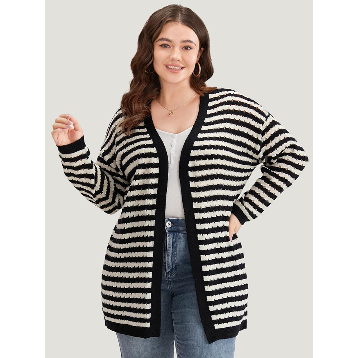 Plus Size Striped Geo Eyelet Drop Shoulder Cardigan Black Women Casual Loose Long Sleeve Dailywear Cardigans BloomChic 22-24/3X Product Image