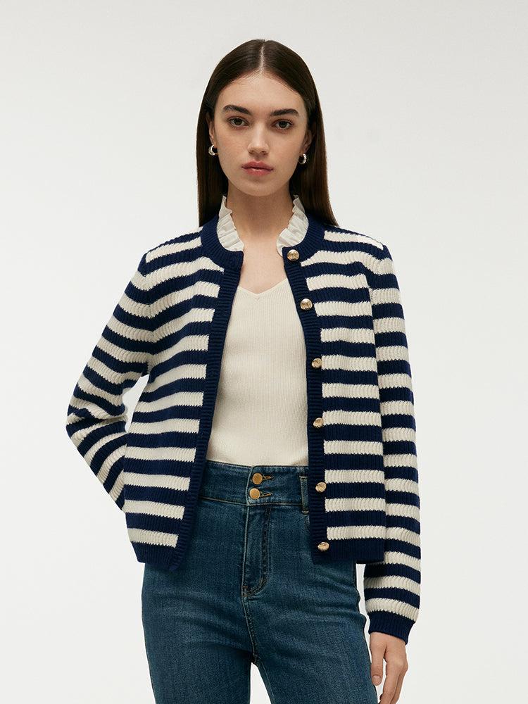 Blue And White Stripe Women Cardigan With Detachable Ruffle Collar Product Image