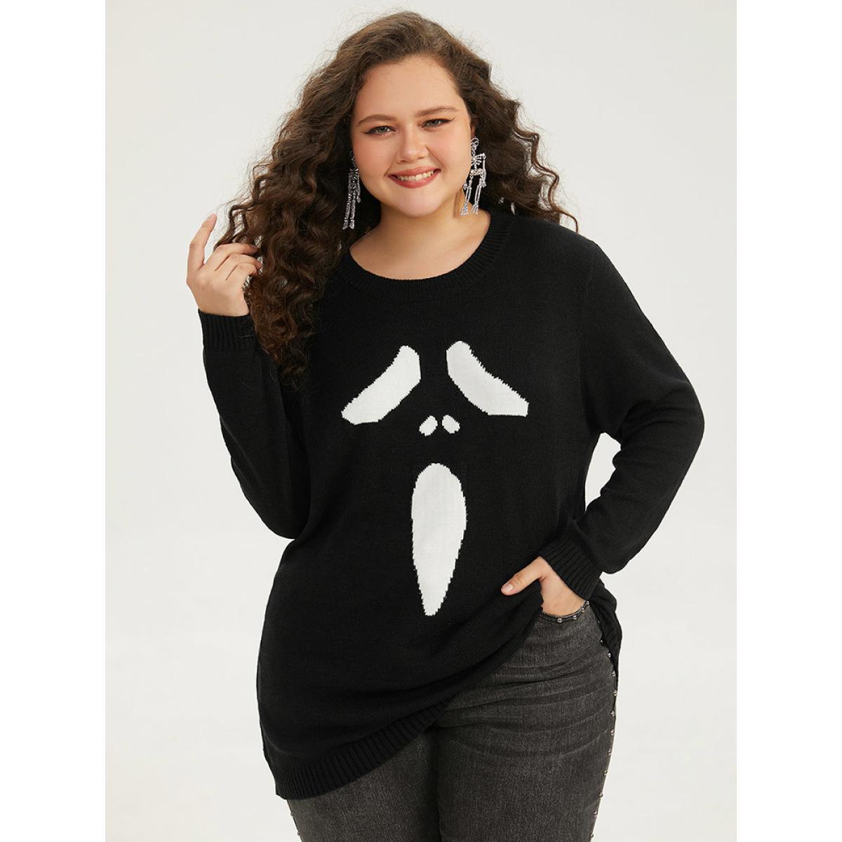 Plus Size Supersoft Essentials Halloween Ghost Face Print Pullover Black Women Casual Loose Long Sleeve Round Neck Festival-Halloween Pullovers BloomChic 28/5X Product Image