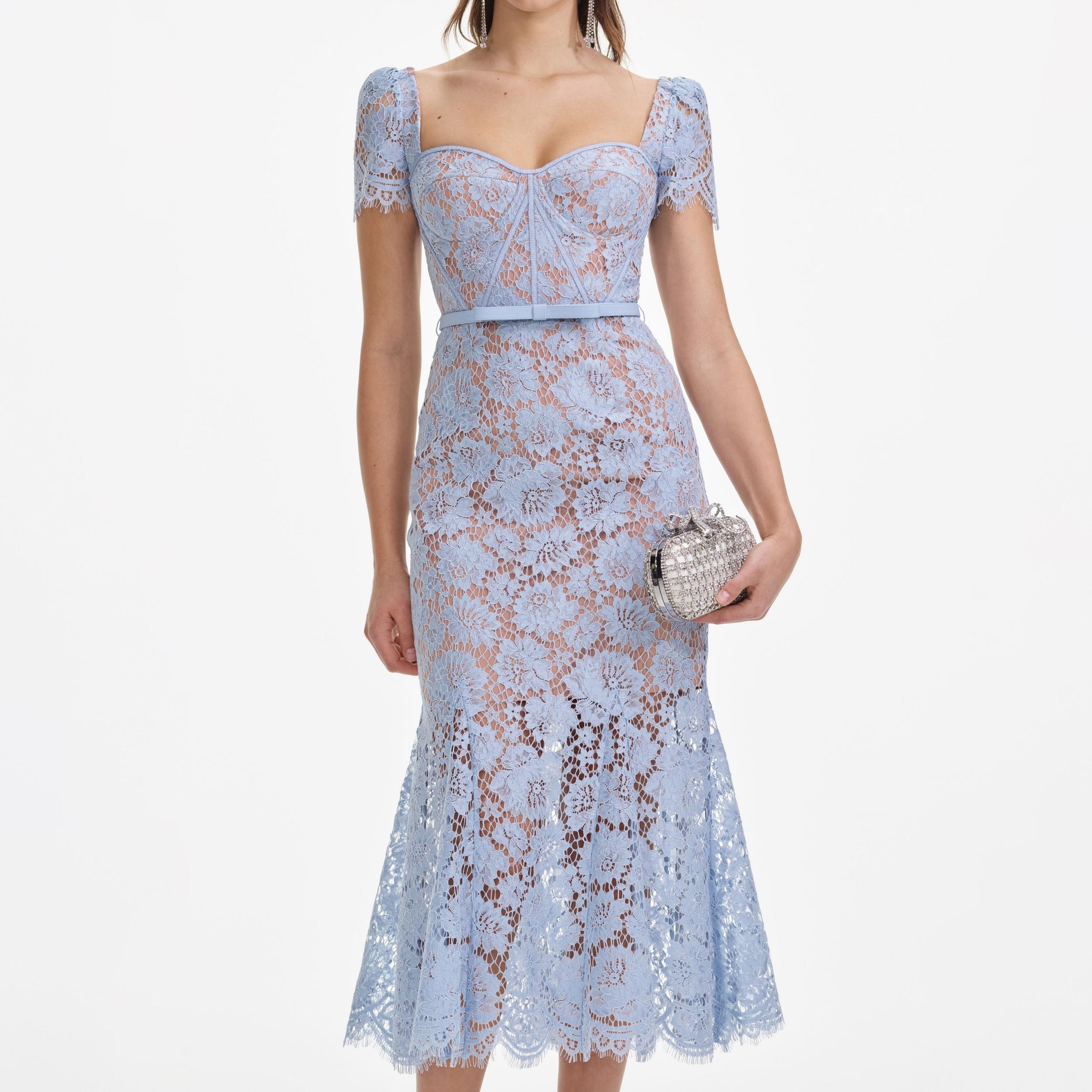 Blue Fine Lace Midi Dress Product Image