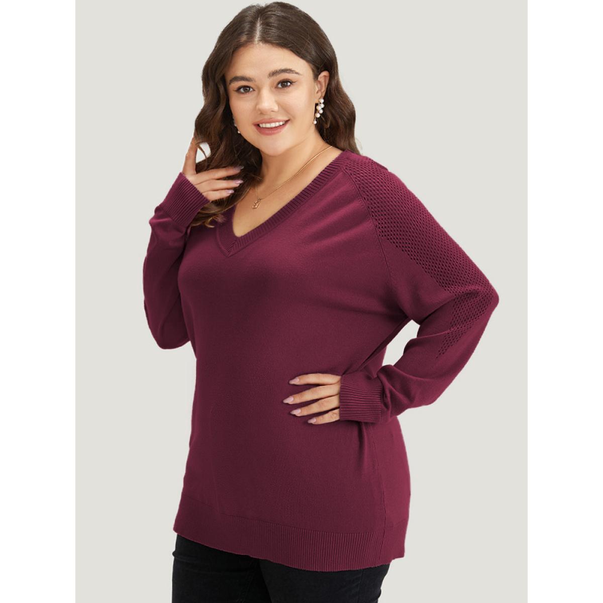 Plus Size Supersoft Essentials Solid Cut Out Patchwork Pullover Burgundy Women Casual Loose Long Sleeve V-neck Dailywear Pullovers BloomChic 10/M Product Image