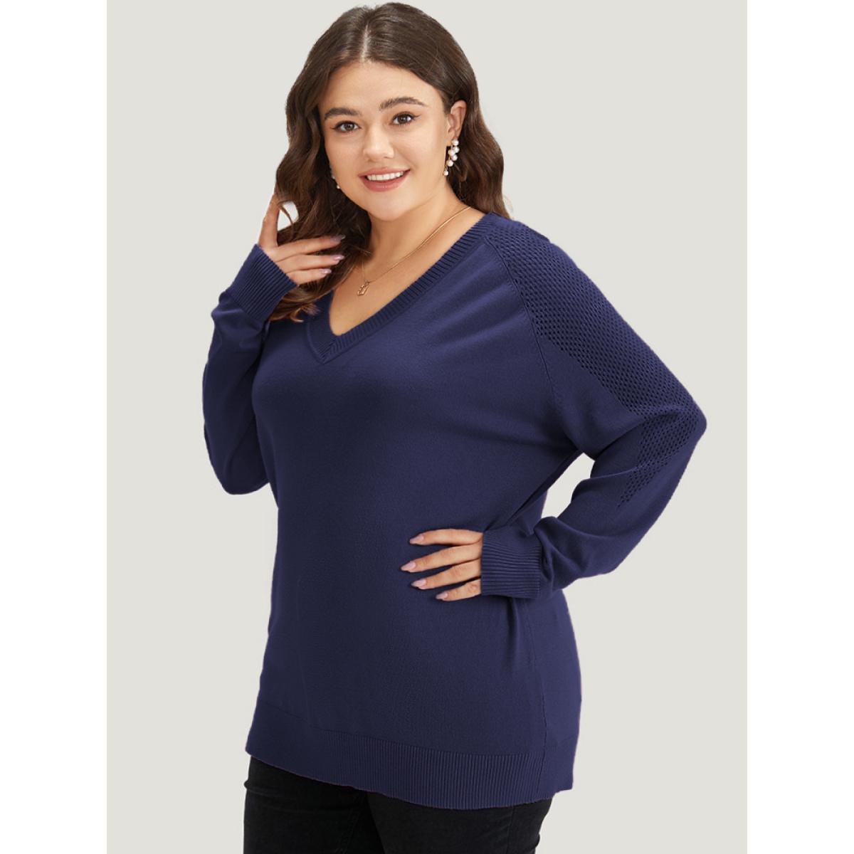 Plus Size Supersoft Essentials Solid Cut Out Patchwork Pullover Burgundy Women Casual Loose Long Sleeve V-neck Dailywear Pullovers BloomChic 10/M Product Image