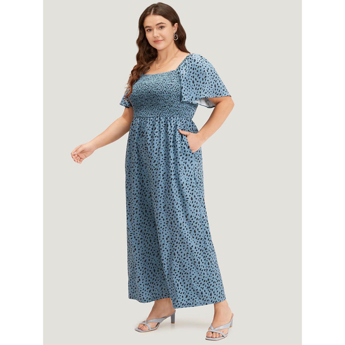 Plus Size DarkBlue Leopard Print Square Neck Shirred Flutter Sleeve Jumpsuit Women Elegant Short sleeve Square Neck Dailywear Loose Jumpsuits BloomChic 12/L Product Image