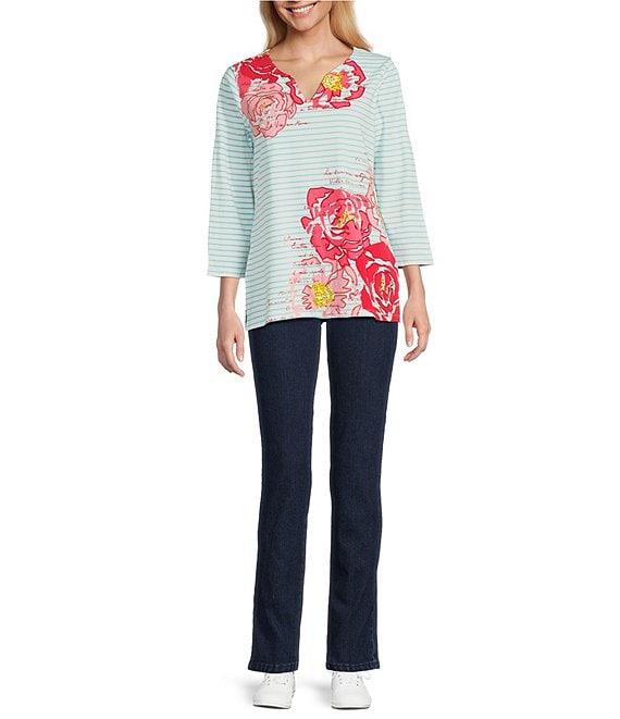 Ruby Rd. Knit Floral Embroidered Split Neck 3/4 Sleeve Top Product Image