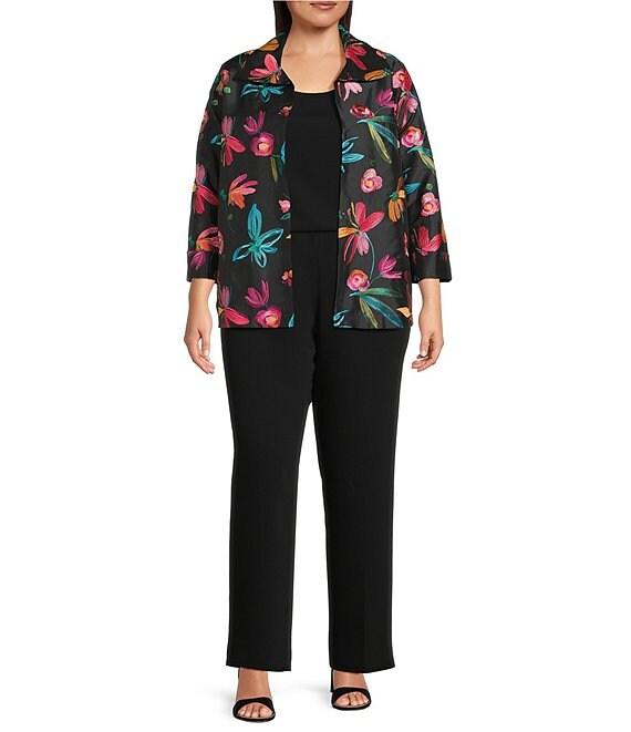 Caroline Rose Plus Size Glorious Garden Floral Embroidered Jacquard Spread Collar Bracelet Sleeve Open-Front Statement Jacket Product Image
