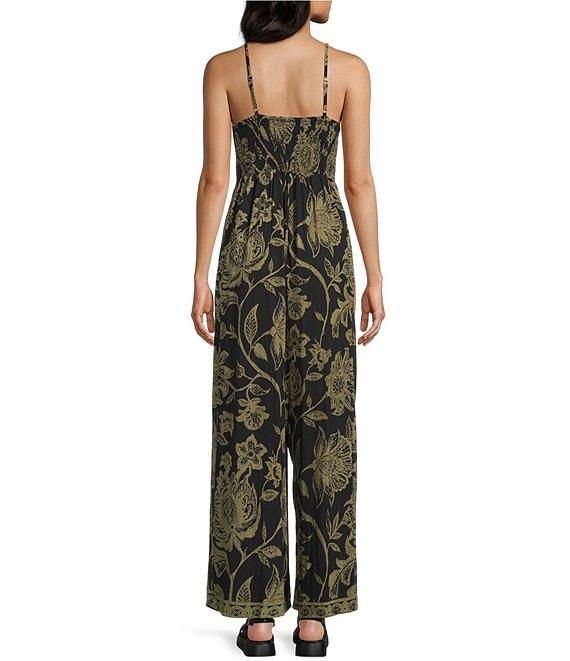Angie Sleeveless Border Print Keyhole Knot Front Wide Leg Jumpsuit Product Image