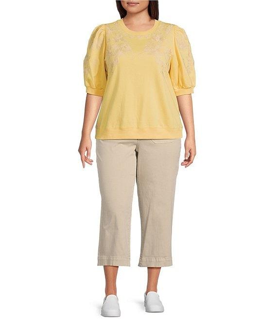 Nurture by Westbound Plus Size Knit Crew Neck Floral Embroidered Elbow Sleeve Top Product Image