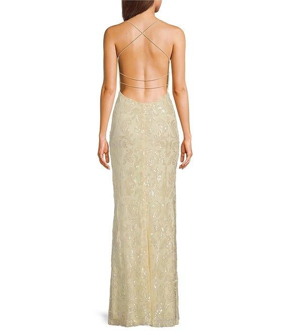 Next Up Printed Sequined Split V-Neck Spaghetti Strap Dress Product Image